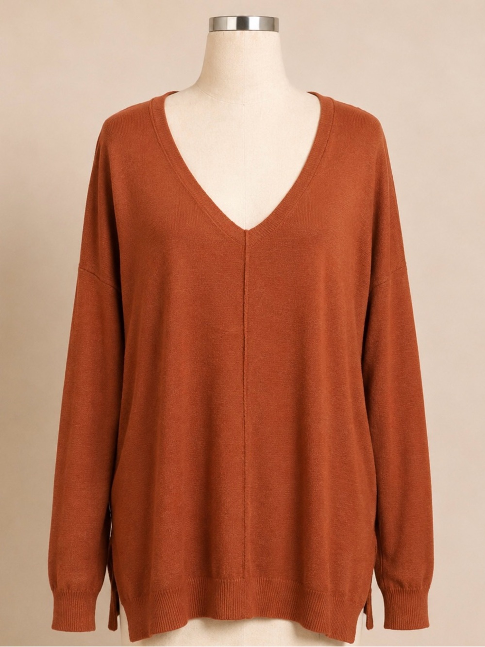 Chic Soul V Neck Tunic Sweater Rust Brown Oversized Soft Knit XL